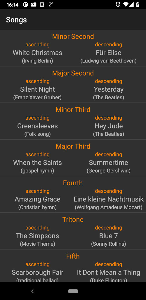 Ear training interval song list in MyEarTraining app